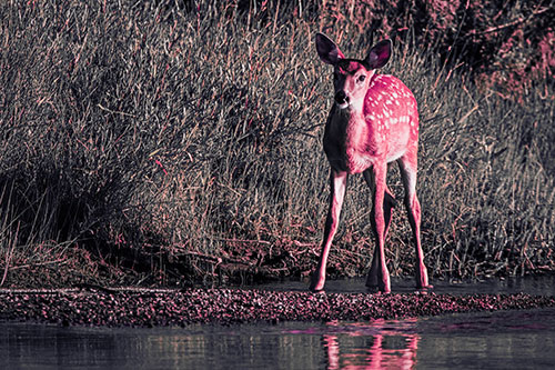 Spotted White Tailed Deer Standing Along River Shoreline (Pink Tint Photo)