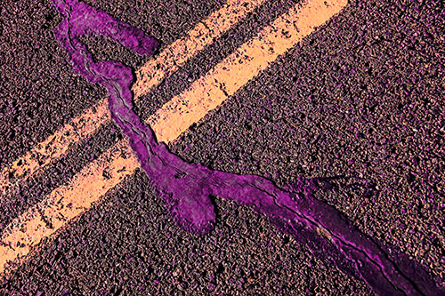 Tar Creeping Over Sidewalk Pavement Lane Marks (Pink Tint Photo)