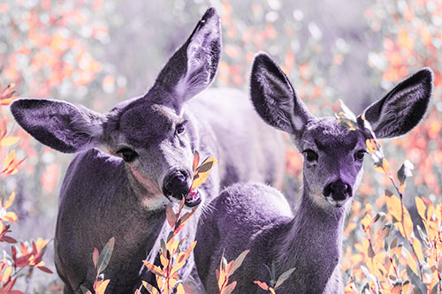 Two Mule Deer Enjoying Leafy Breakfast (Pink Tint)