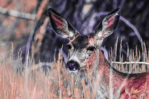 White Tailed Deer Sitting Among Tall Grass (Pink Tint Photo)