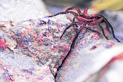Wolf Spider Crawling Over Cracked Rock Crevice (Pink Tint)