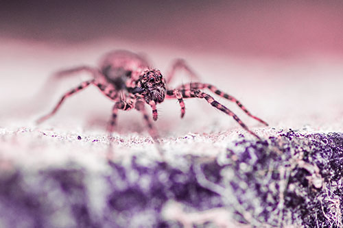 Wolf Spider Standing Along Rock Edge (Pink Tint)