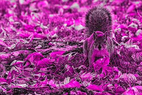 Alert Squirrel Freezes Among Fall Leaves (Pink Tone)