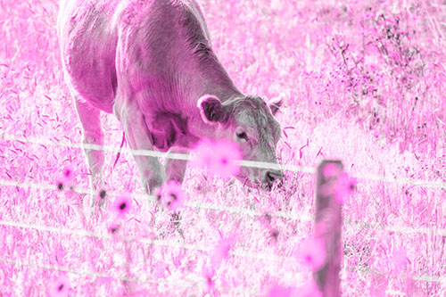 Cow Snacking On Grass Behind Fence (Pink Tone Photo)