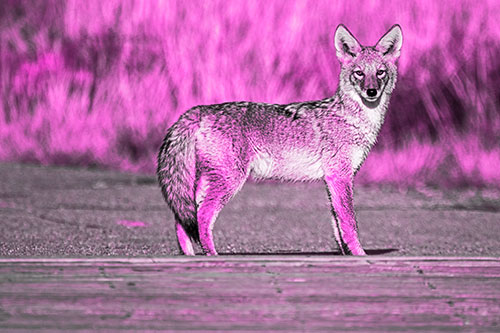 Crossing Coyote Glares Across Bridge Walkway (Pink Tone Photo)