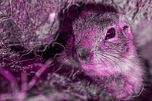 Curious Prairie Dog Watches From Dirt Tunnel Entrance (Pink Tone)