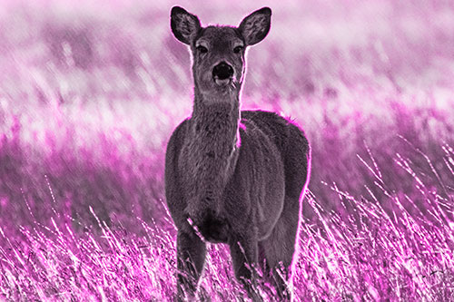 Curious White Tailed Deer Glaring Among Sunset (Pink Tone Photo)