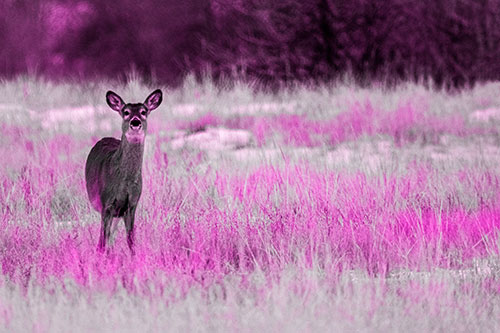 Curious White Tailed Deer Watching Among Snowy Field (Pink Tone Photo)
