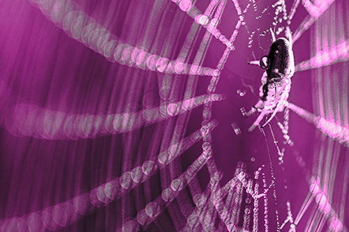 Dewy Orb Weaver Spider Hangs Among Web (Pink Tone Photo)