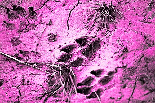 Dog Footprints On Dry Cracked Mud (Pink Tone Photo)