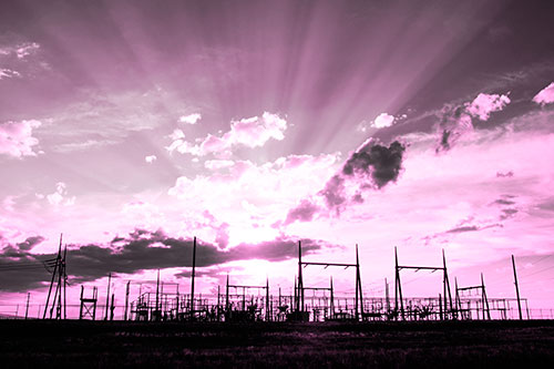 Electrical Substation Sunset Bursting Through Clouds (Pink Tone Photo)