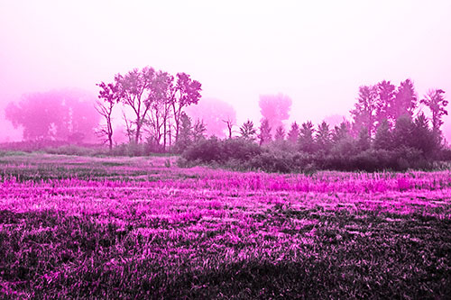Fog Lingers Beyond Tree Clusters (Pink Tone Photo)