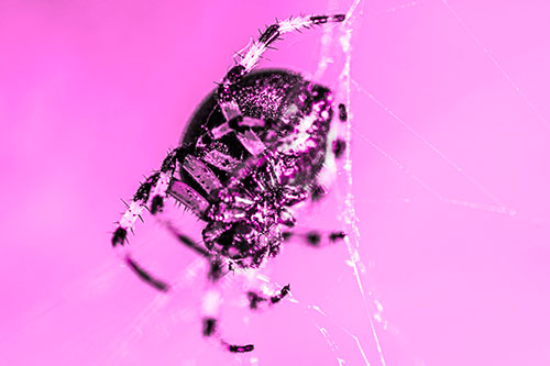 Furrow Orb Weaver Spider Descends Down Web (Pink Tone Photo)