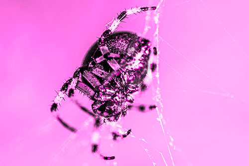 Furrow Orb Weaver Spider Descends Down Web (Pink Tone)