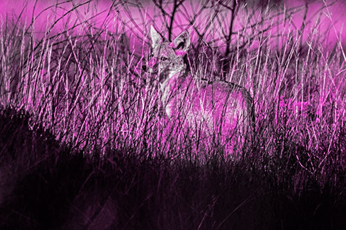 Gazing Coyote Watches Among Feather Reed Grass (Pink Tone Photo)
