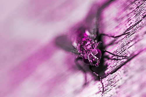 Happy Cluster Fly Enjoys Getting Suntan Among Cracked Wood (Pink Tone)