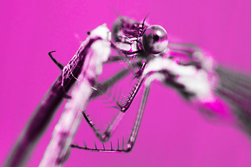Happy Faced Damselfly Clings Onto Broken Stick (Pink Tone)