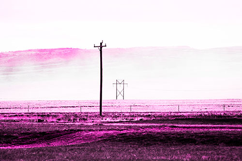 Heavy Fog Hiding Mountain Range Behind Powerlines (Pink Tone Photo)