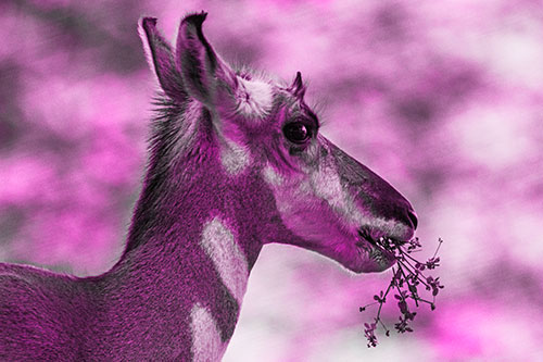 Hungry Pronghorn Gobbles Leafy Plant (Pink Tone Photo)