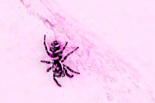 Jumping Spider Crawling Down Wood Surface (Pink Tone Photo)