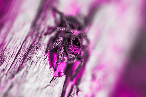 Jumping Spider Perched Among Wood Crevice (Pink Tone Photo)