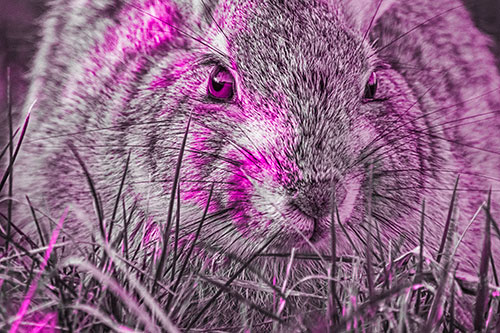 Resting Bunny Rabbit Watches Closely Among Grass Blades (Pink Tone)