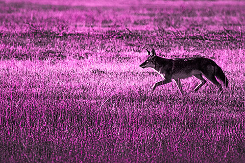 Running Coyote Hunting Among Grass Prairie (Pink Tone Photo)