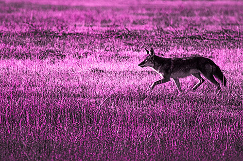 Running Coyote Hunting Among Grass Prairie (Pink Tone)