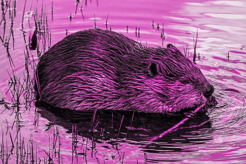 Sitting Beaver Nibbles Branch Along Shallow Rivershore (Pink Tone)