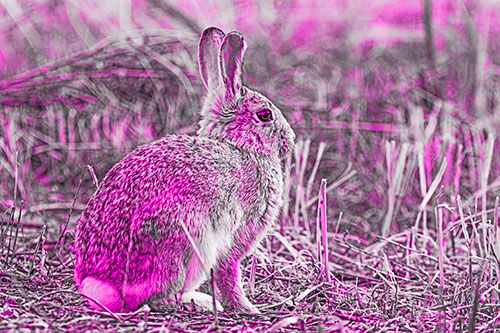 Sitting Bunny Rabbit Among Broken Plant Stems (Pink Tone Photo)