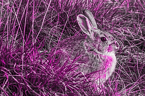 Sitting Bunny Rabbit Enjoying Sunrise Among Grass (Pink Tone Photo)