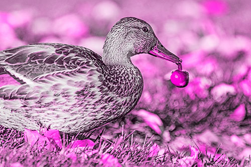 Smiling Mallard Duck Carries Cherry Across Grass (Pink Tone)