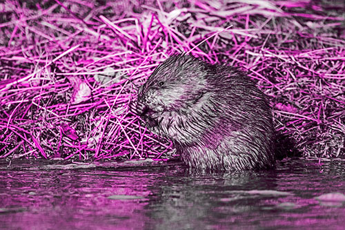 Soaked Muskrat Nibbles Grass Along River Shore (Pink Tone Photo)