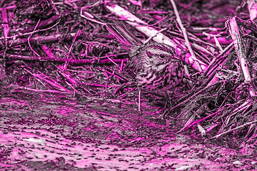 Song Sparrow Peeking Around Sticks (Pink Tone Photo)