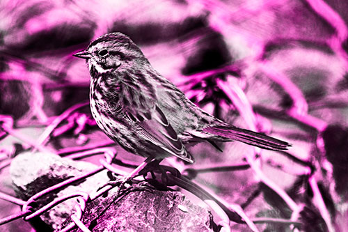 Squinting Song Sparrow Perched Atop Chain Link Fencing (Pink Tone Photo)