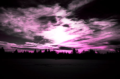 Sun Vortex Illuminates Clouds Above Dark Lit Lake (Pink Tone Photo)