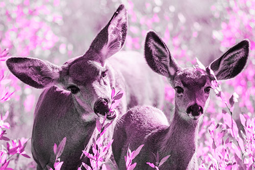 Two Mule Deer Enjoying Leafy Breakfast (Pink Tone)