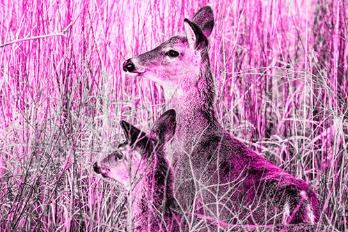 Two White Tailed Deer Scouting Terrain (Pink Tone Photo)