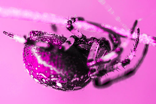 Upside Down Furrow Orb Weaver Spider Crawling Along Stem (Pink Tone Photo)
