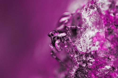 Vertical Perched Jumping Spider Extends Fangs (Pink Tone Photo)