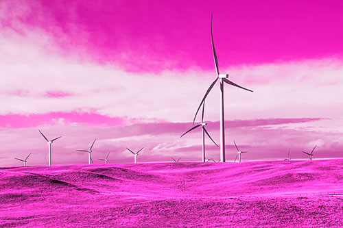 Wind Turbine Cluster Overtaking Hilly Horizon (Pink Tone Photo)