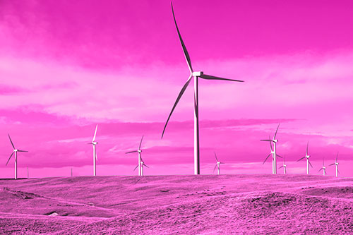 Wind Turbine Cluster Scattered Across Land (Pink Tone Photo)