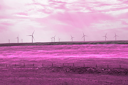 Wind Turbines Scattered Along The Prairie Horizon (Pink Tone Photo)
