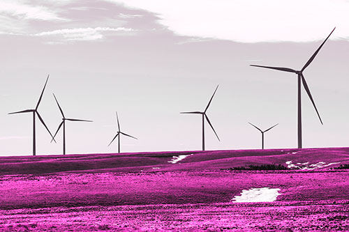 Wind Turbines Scattered Around Melting Snow Patches (Pink Tone Photo)