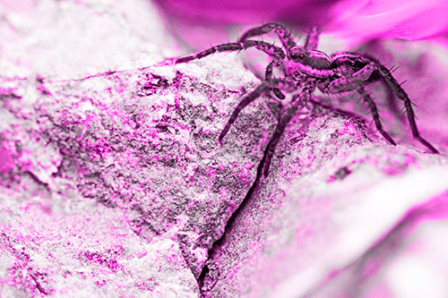 Wolf Spider Crawling Over Cracked Rock Crevice (Pink Tone)