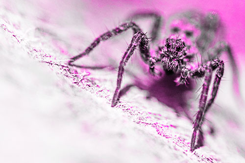 Wolf Spider Watching Among Sloping Rock (Pink Tone)