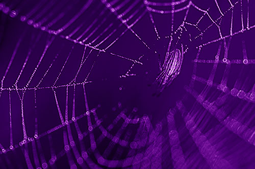 Hanging Orb Weaver Spider Perched Among Dew Covered Web (Purple Shade)