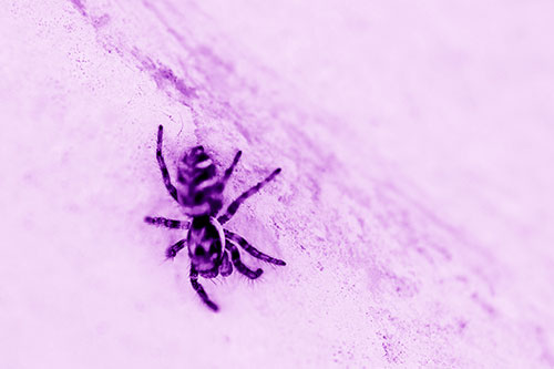 Jumping Spider Crawling Down Wood Surface (Purple Shade Photo)