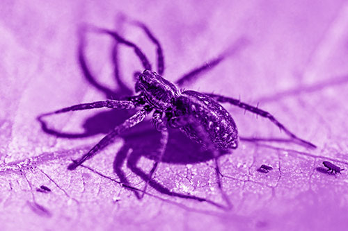Leaf Perched Wolf Spider Stands Among Water Springtail Poduras (Purple Shade Photo)