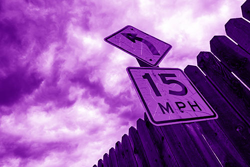 Left Turn Speed Limit Sign Beside Wooden Fence (Purple Shade Photo)